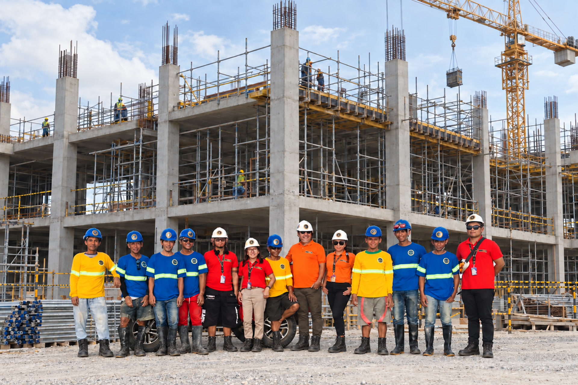 The G2 Construction Services team in complete site footwear gathered in front of an active building project