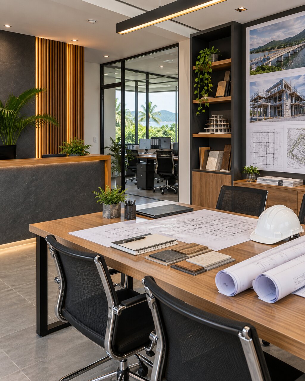 Professional construction office with architectural plans, material samples and project safety equipment