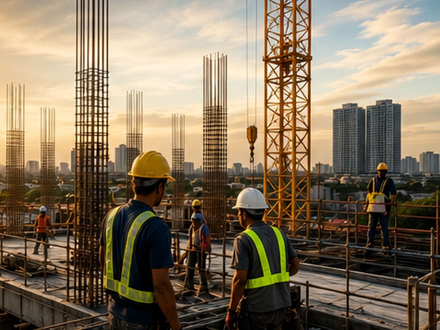 Construction professionals reviewing progress at an active building site
