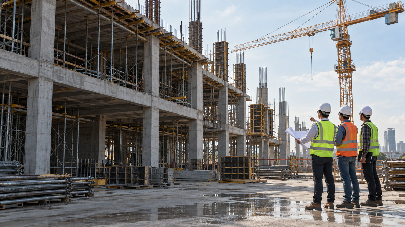 Construction professionals reviewing plans beside a reinforced concrete building under construction