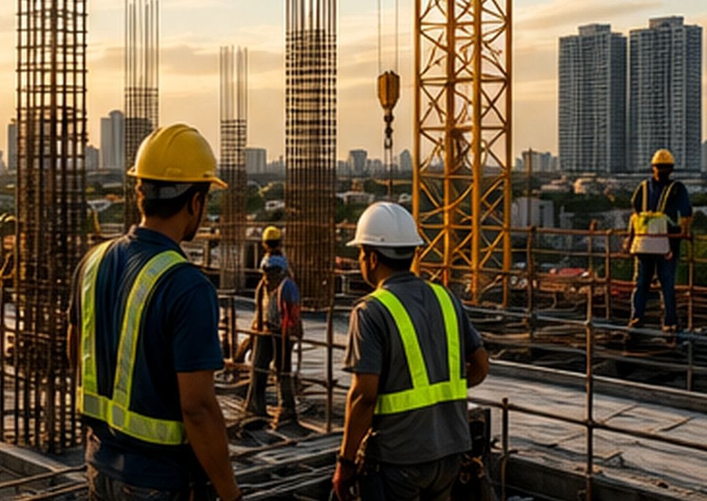 Construction workers in high-visibility vests and hard hats on an active site