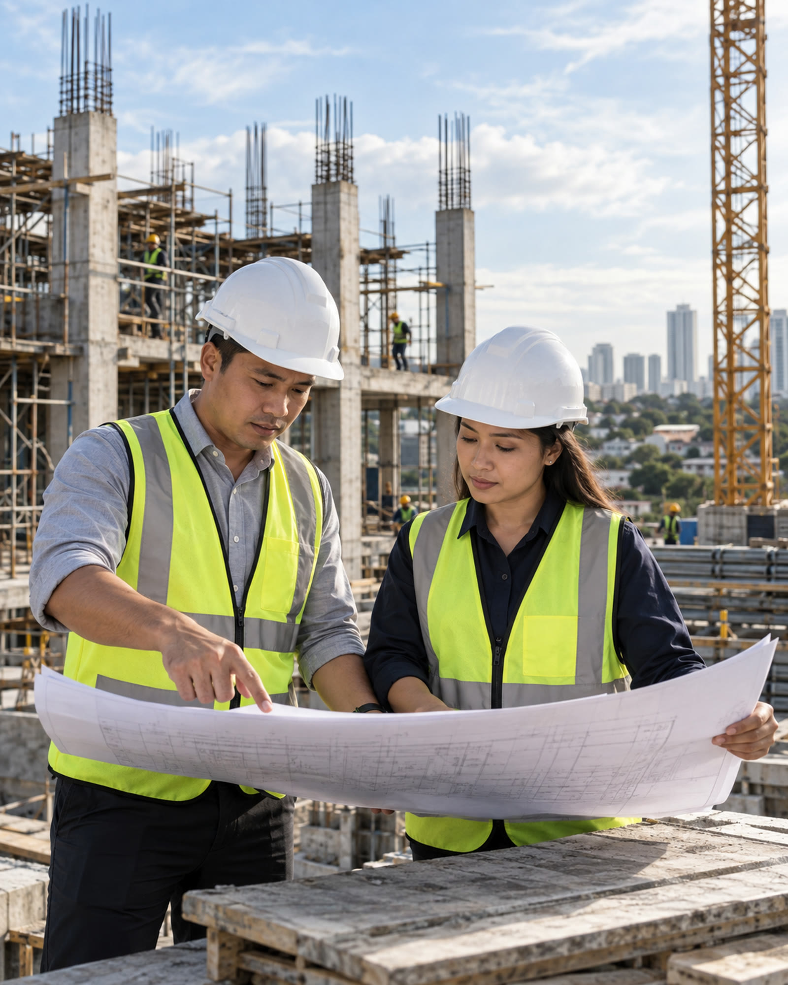 Two Filipino construction professionals reviewing architectural plans together on site