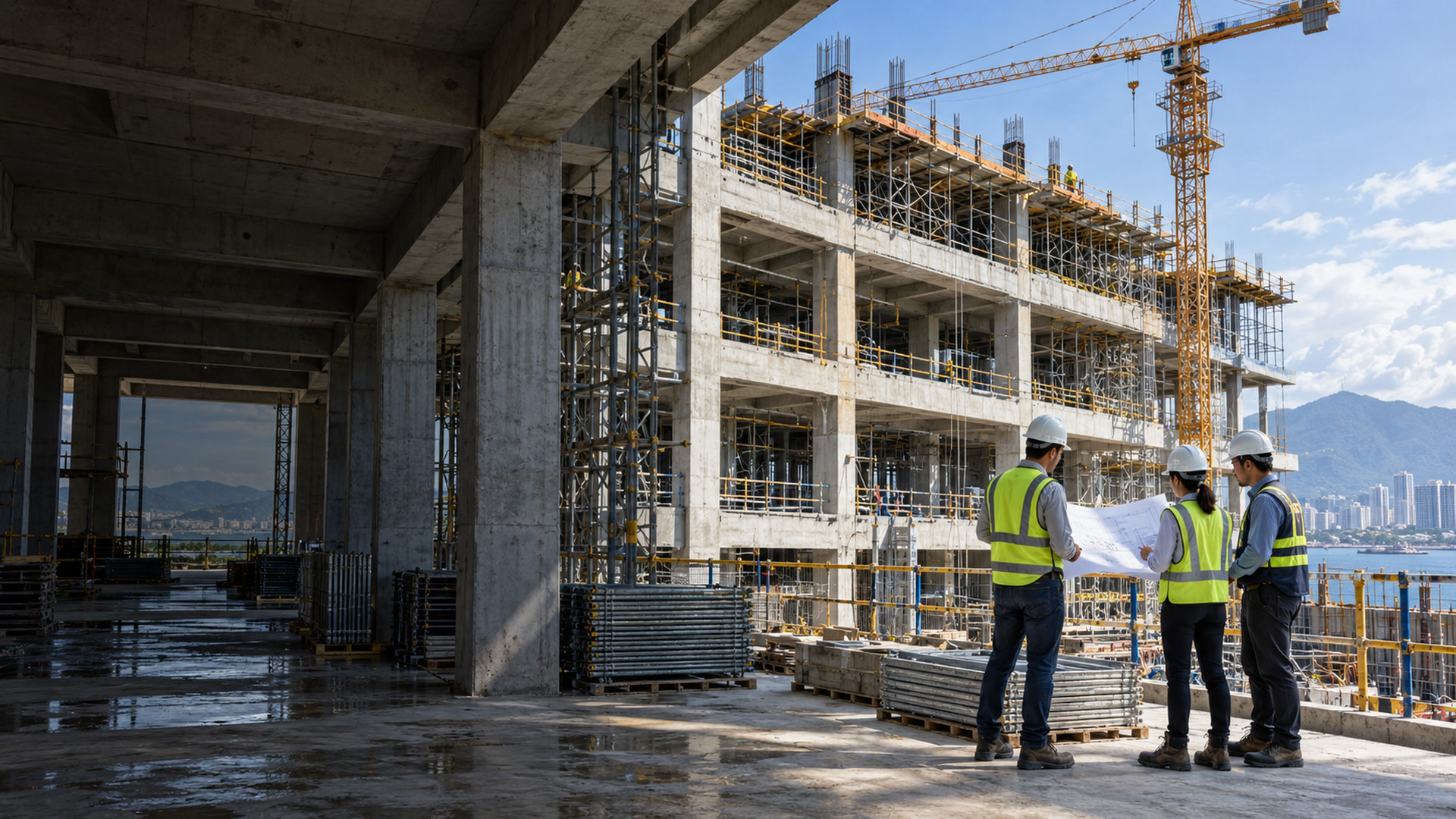 Construction professionals reviewing plans beside a professionally managed reinforced-concrete building project