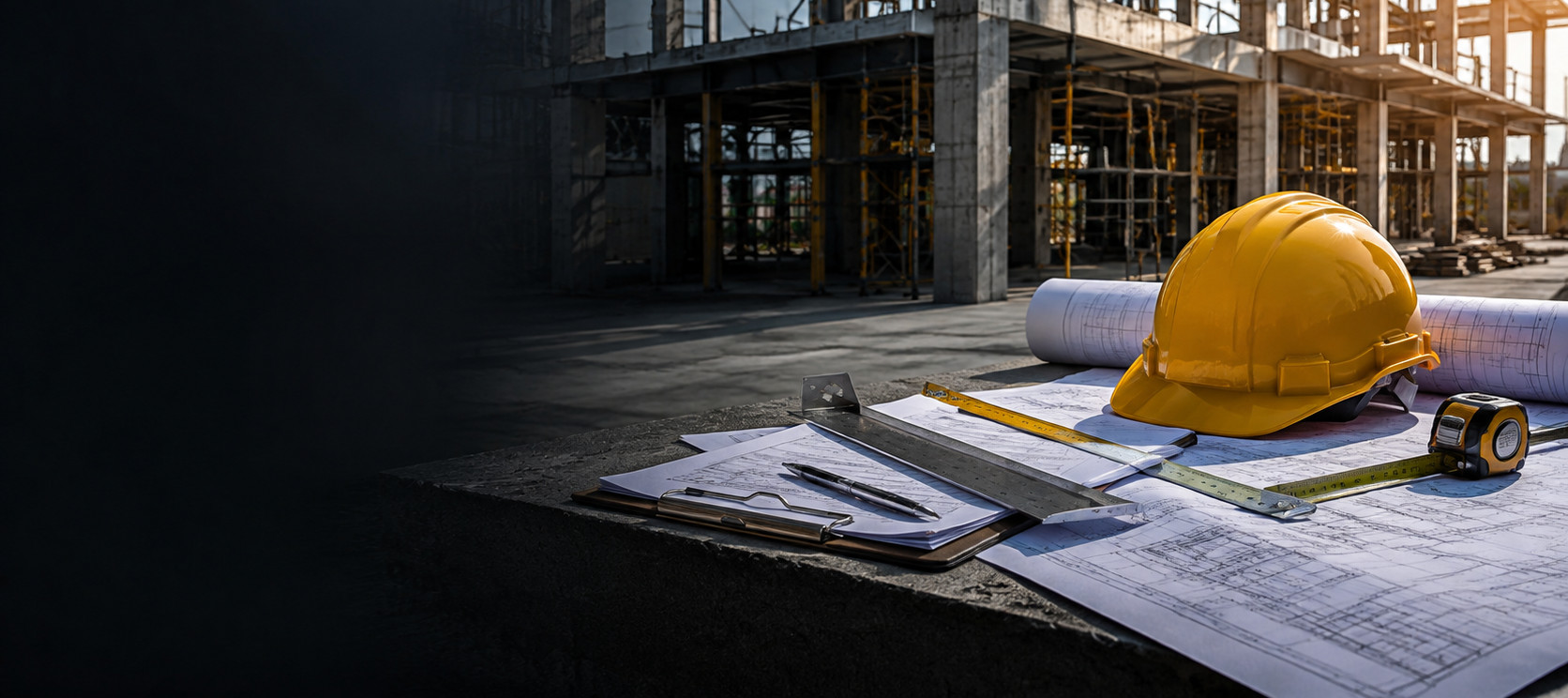 Illustrative construction planning scene with blueprints, measuring tools and a safety helmet