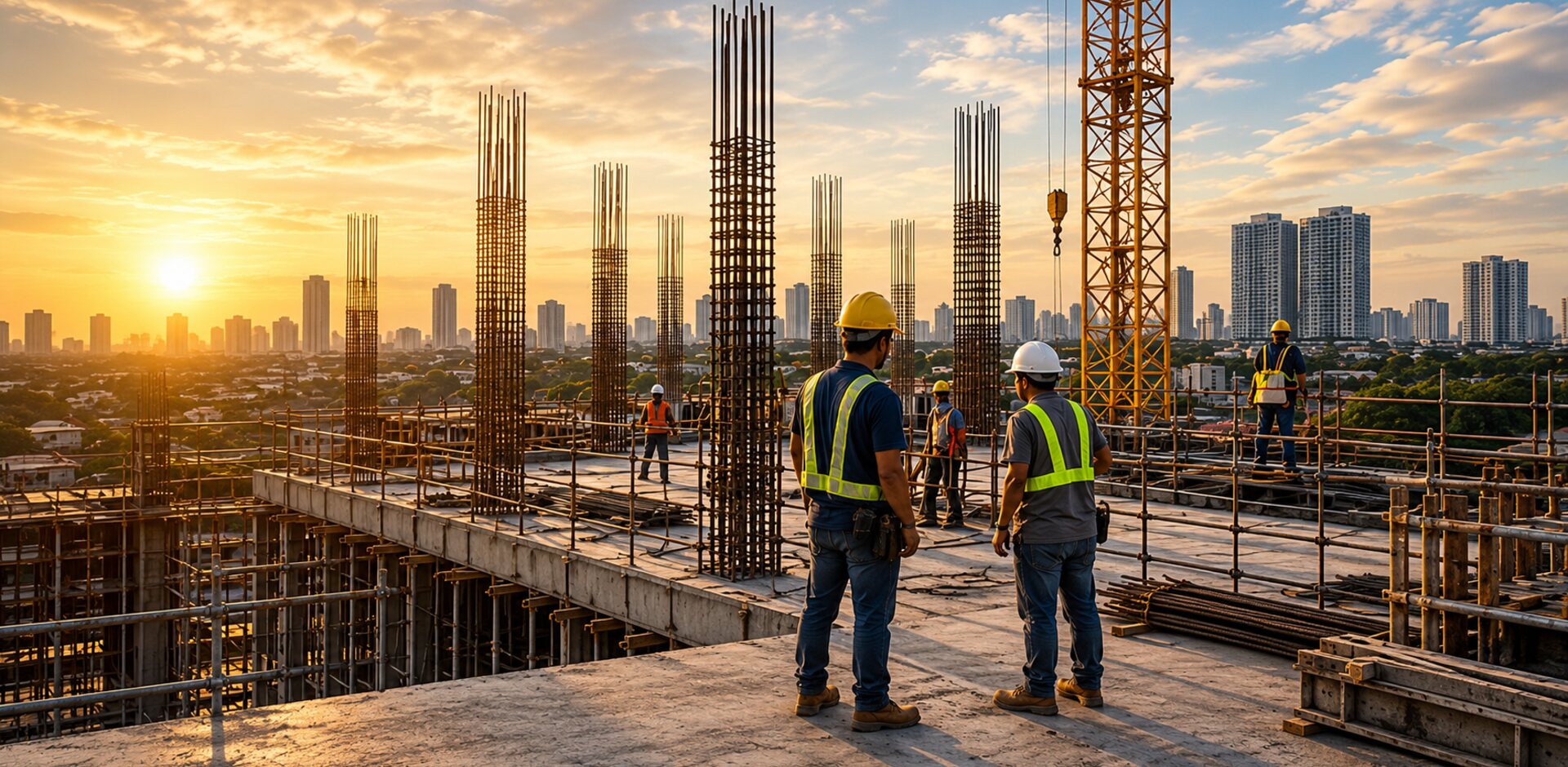 Construction professionals standing fully in frame on a reinforced concrete deck overlooking a city skyline at sunset