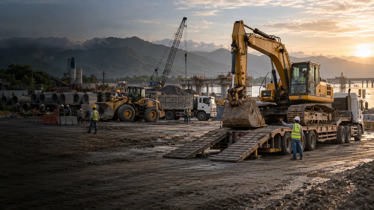 Excavator being transported on a low-bed truck at an active construction site