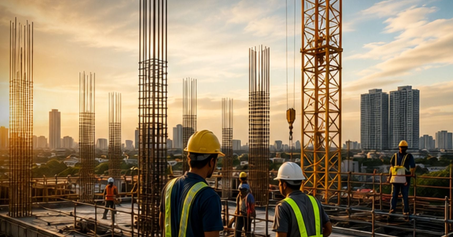 G2 construction team at work on a reinforced concrete floor at sunset