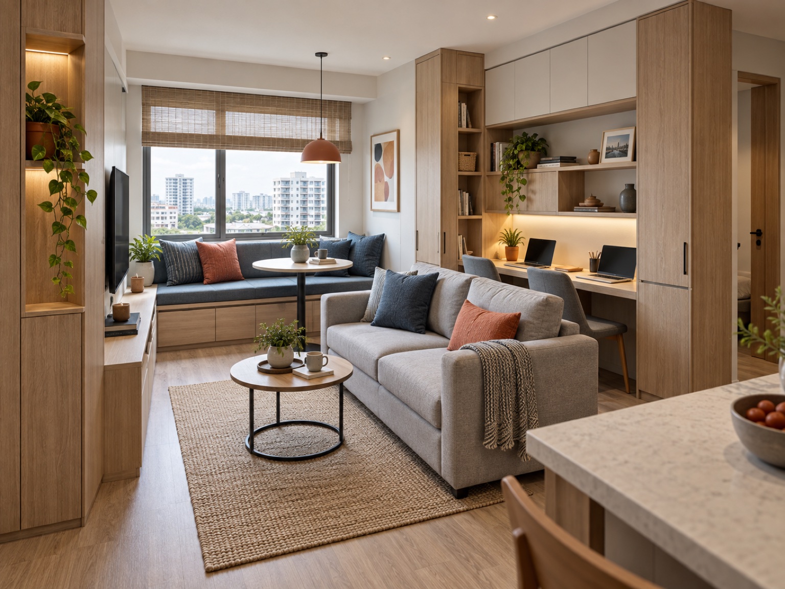 Compact condominium with integrated work nook and concealed storage