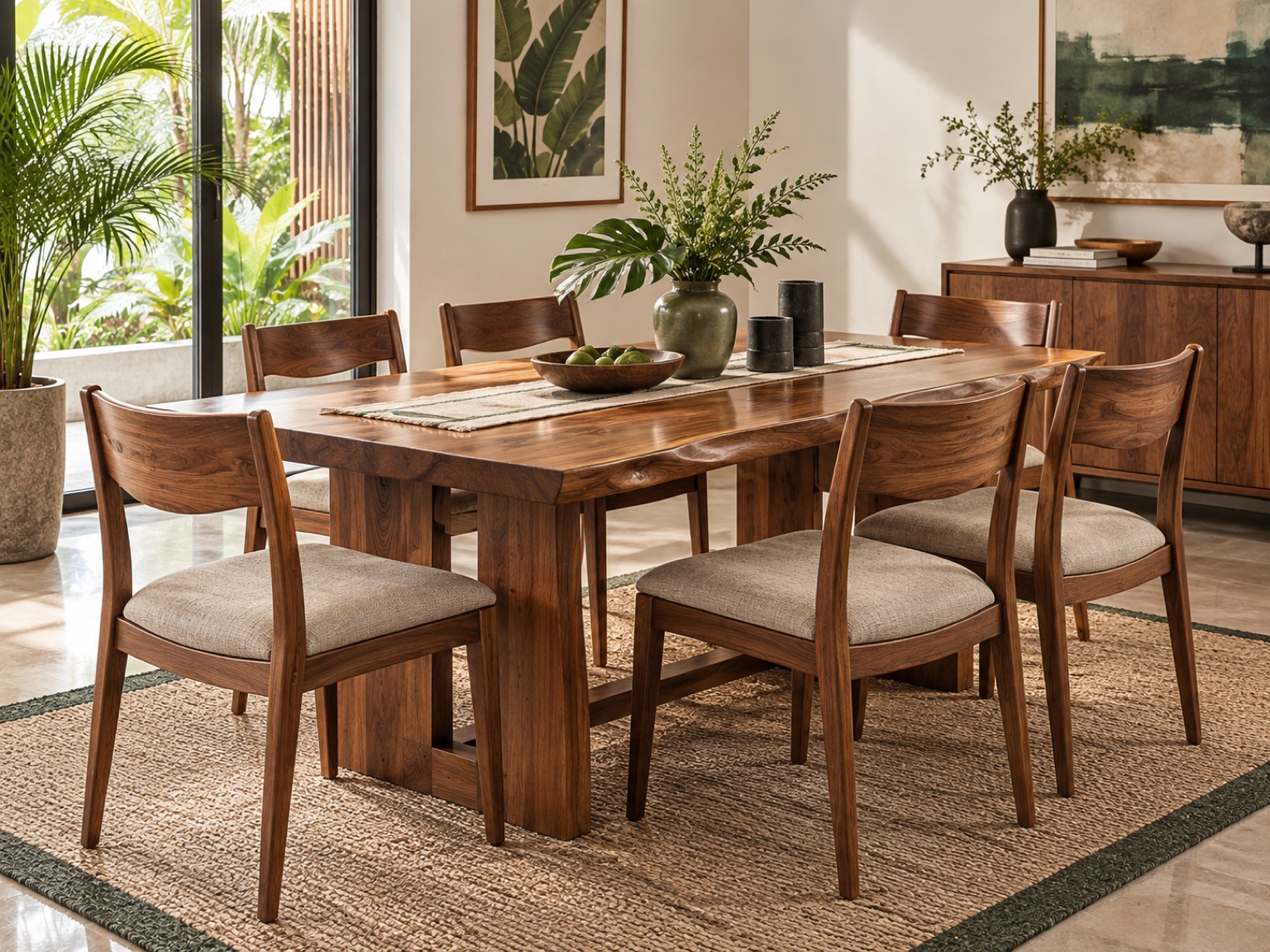 Custom solid-wood dining table with six upholstered timber chairs