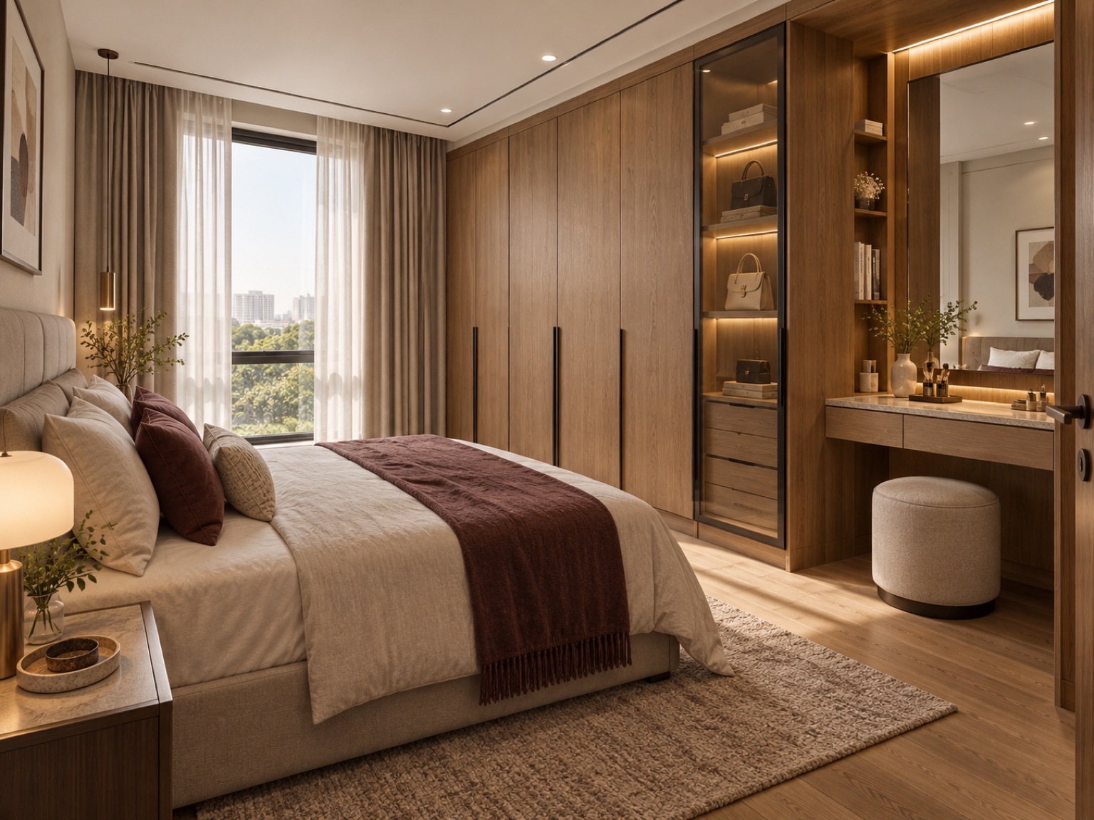 Bedroom with full-height fitted wardrobe, vanity and integrated lighting