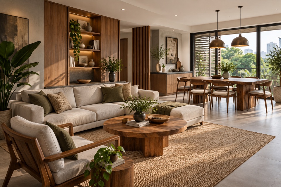 Warm open-plan interior with coordinated custom timber furniture