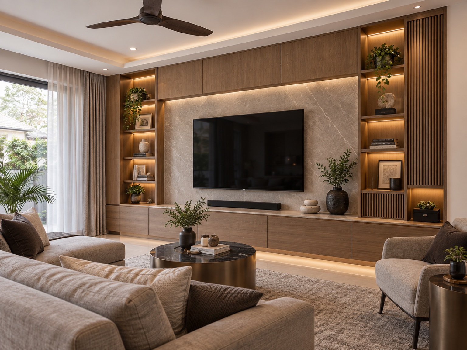 Living room with custom media wall and integrated display storage