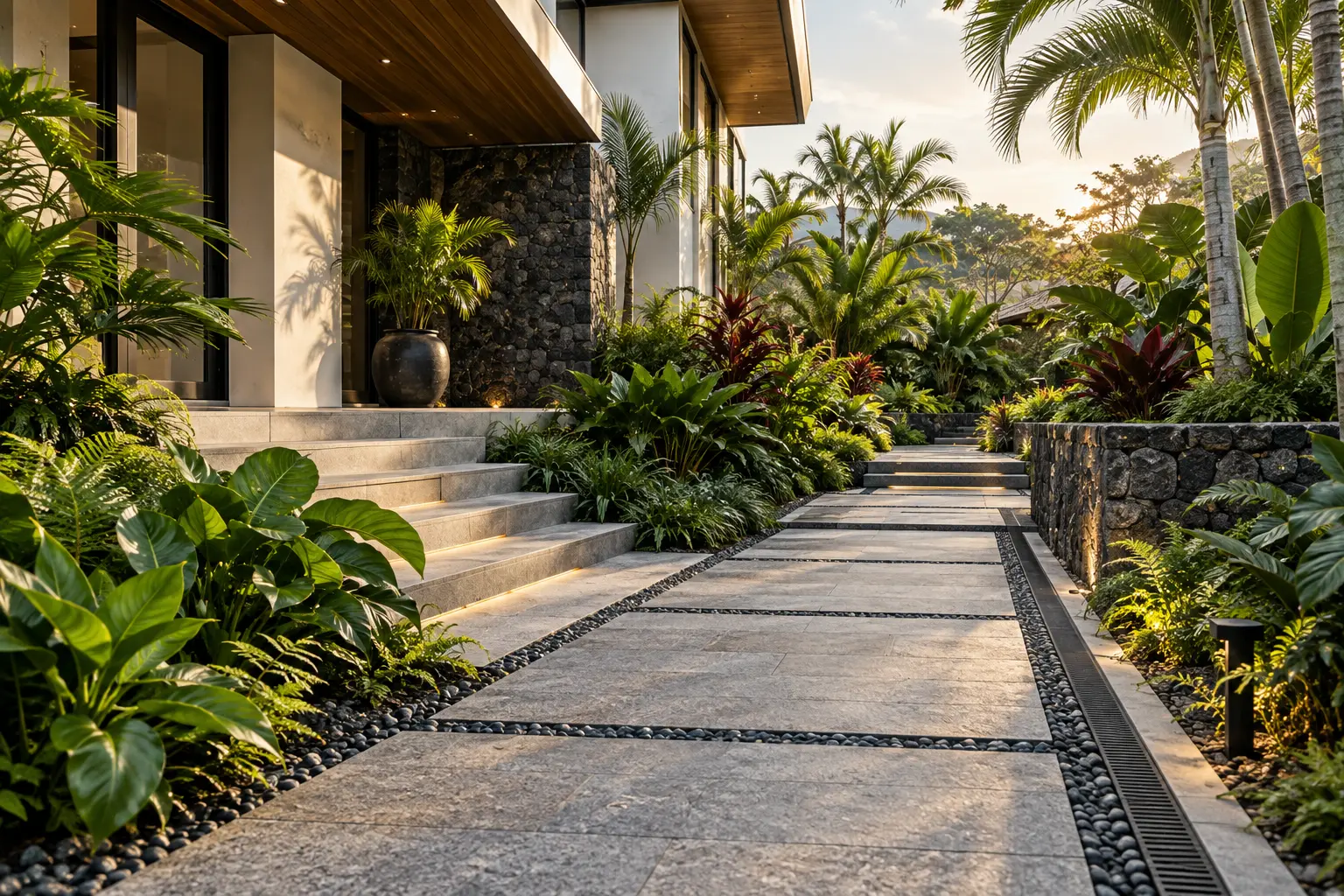Hardscaping and pathways for a tropical property